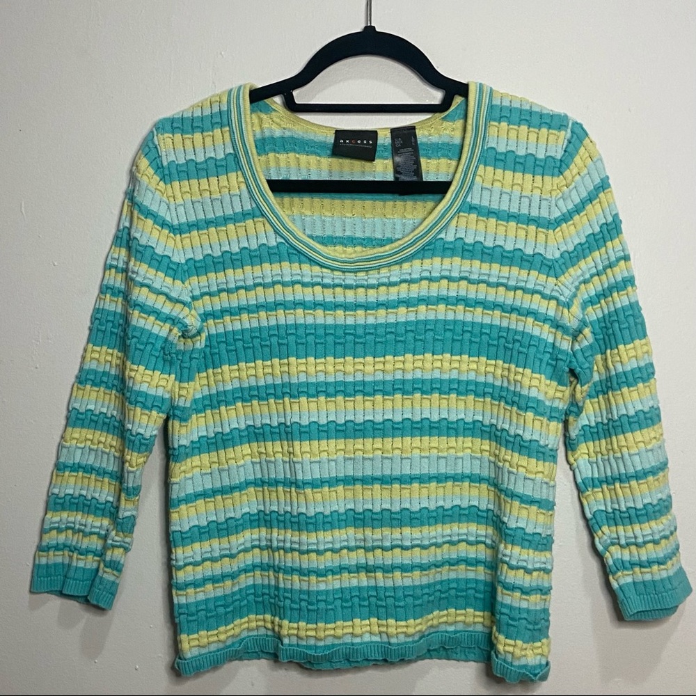 Textured Striped light blue yellow green top